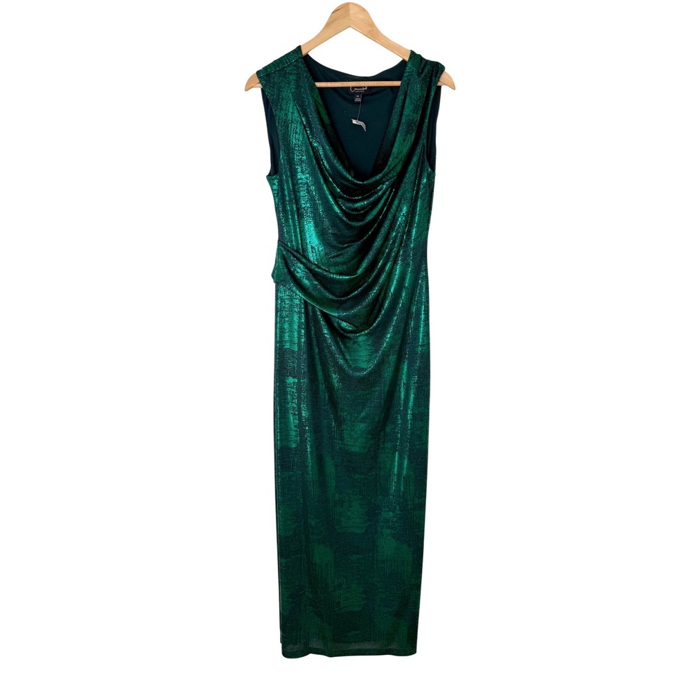 Connected Apparel Emerald Green Metallic Cowl Neck Ruched long Dress Gown Sz 14